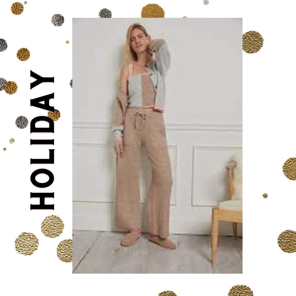 Anthropologie Neutral Tan Wide-Leg Knit Pants with Drawstring
